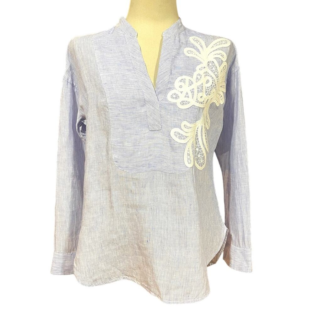 Lauren Ralph Lauren Linen Tunic Blue White Medium - Picture 2 of 6